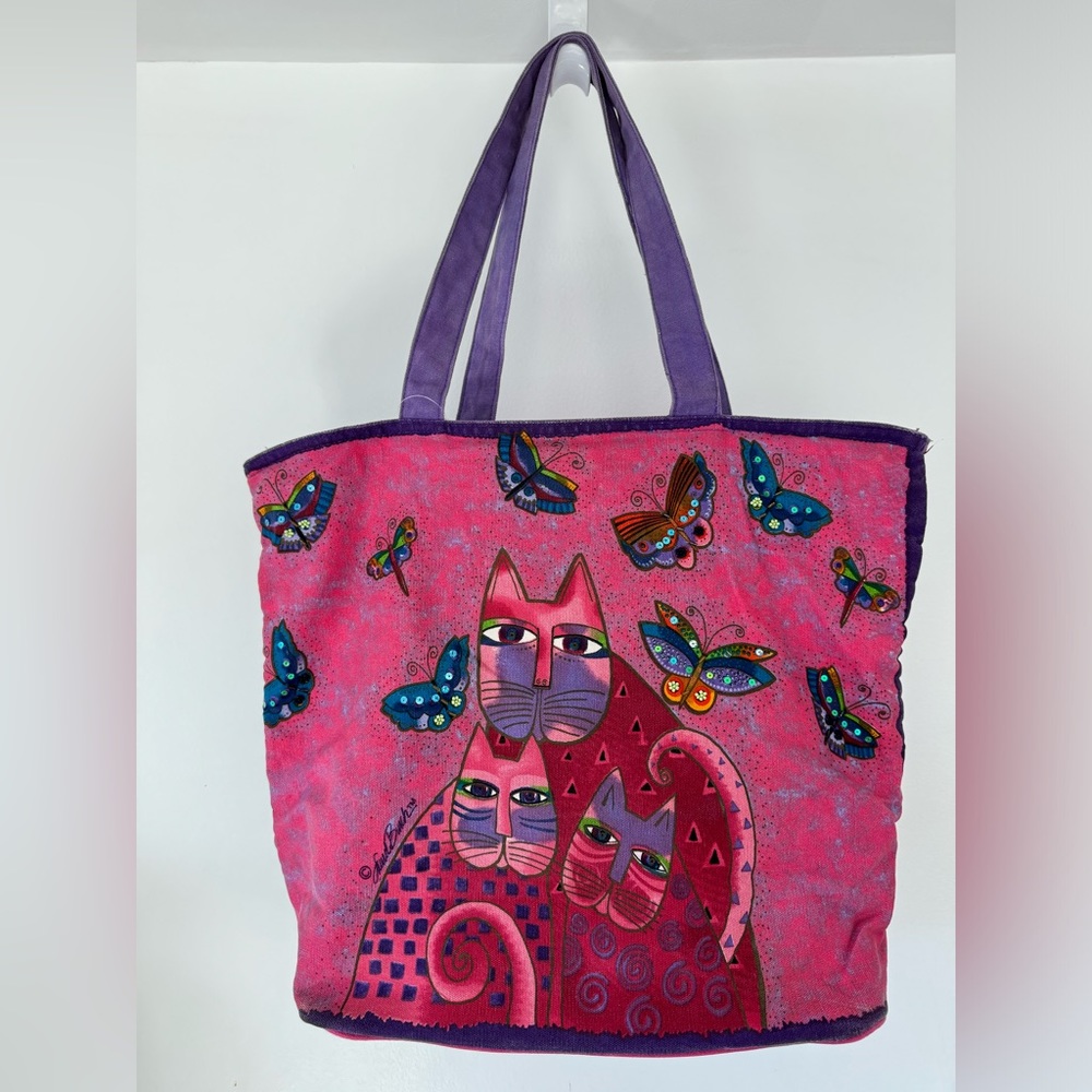 Laurel Burch Cat Tote large handbag pink purple beaded water resistant lined
